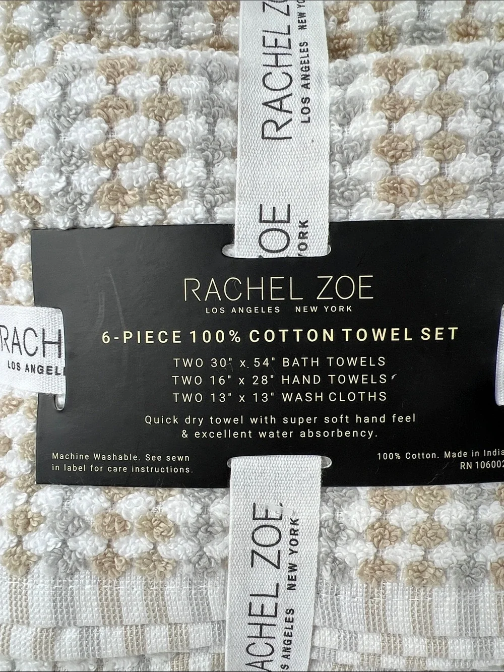 Rachel Zoe Bath Towel Set Grey Tan White Waffle Soft 100% Cotton 6 Pc NEW